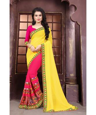 pink embroidered georgette saree with blouse 1