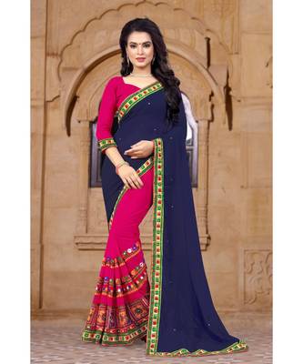 blue embroidered georgette saree with blouse 1