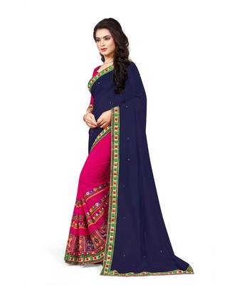 blue embroidered georgette saree with blouse 2