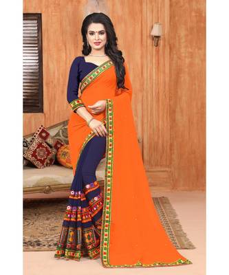 orange embroidered georgette saree with blouse 1