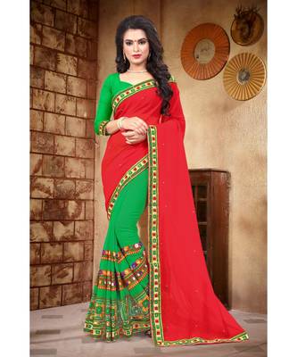 red embroidered georgette saree with blouse 1