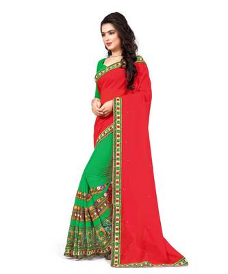 red embroidered georgette saree with blouse 2