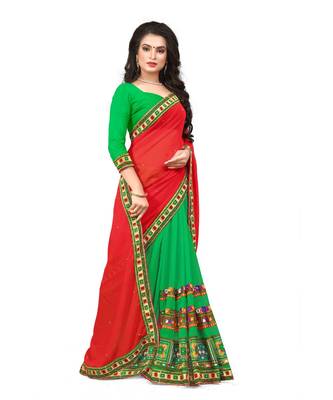red embroidered georgette saree with blouse 3