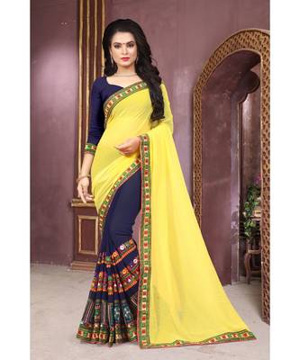 yellow embroidered georgette saree with blouse 1