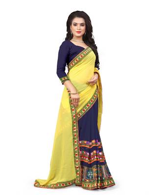 yellow embroidered georgette saree with blouse 3