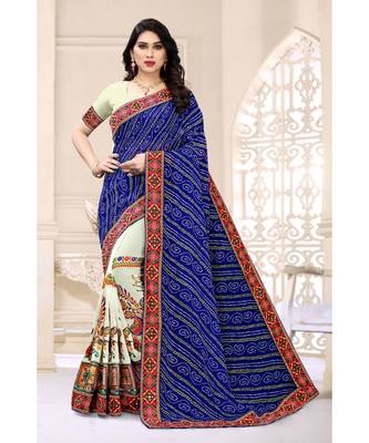 blue embroidered georgette saree with blouse 1