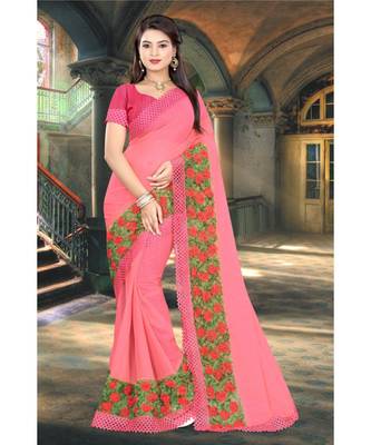 pink embroidered chiffon saree with blouse 1