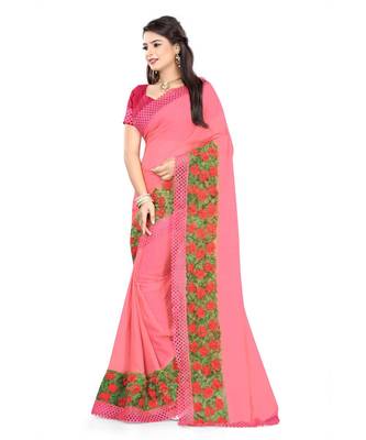 pink embroidered chiffon saree with blouse 2