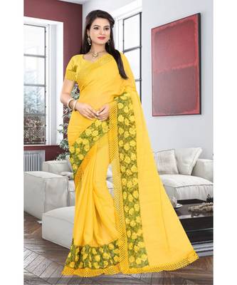 yellow embroidered chiffon saree with blouse 1