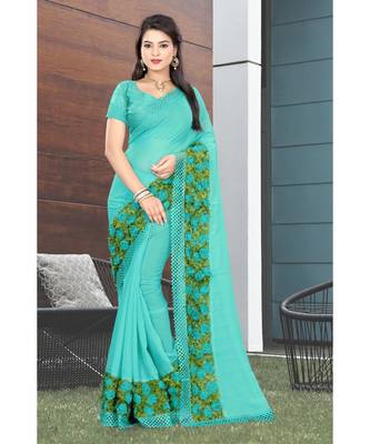 blue embroidered chiffon saree with blouse 1