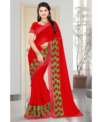 red embroidered chiffon saree with blouse 1