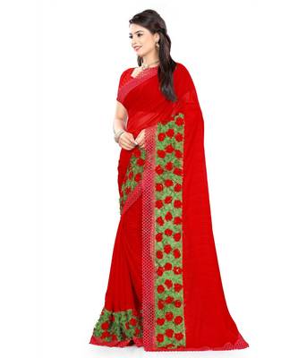 red embroidered chiffon saree with blouse 2