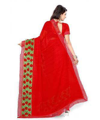 red embroidered chiffon saree with blouse 3