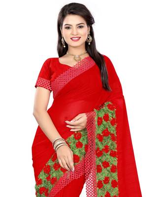 red embroidered chiffon saree with blouse 4