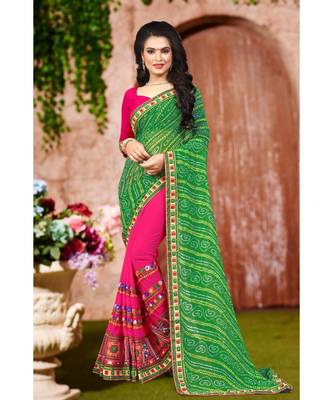 green embroidered georgette saree with blouse 1