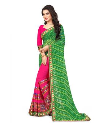 green embroidered georgette saree with blouse 2