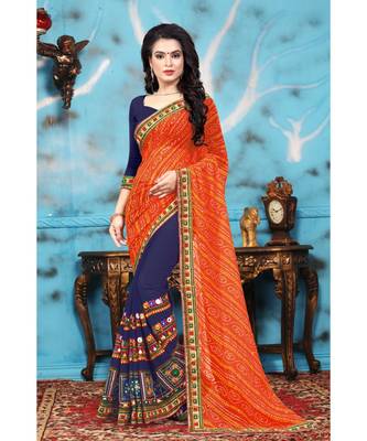 Orange embroidered georgette saree with blouse 1
