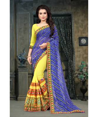 blue embroidered georgette saree with blouse 1