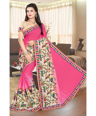pink embroidered chiffon saree with blouse 1