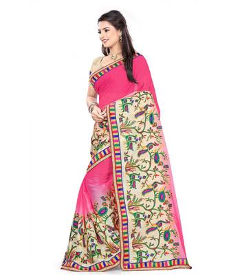 pink embroidered chiffon saree with blouse 2