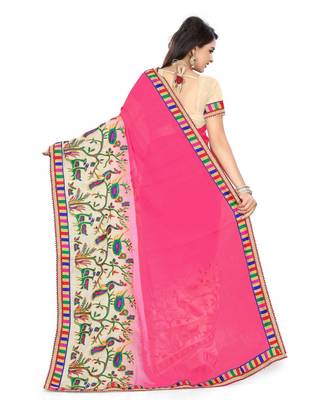 pink embroidered chiffon saree with blouse 3