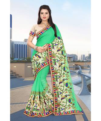 green embroidered chiffon saree with blouse 1