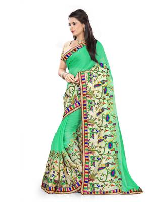green embroidered chiffon saree with blouse 2