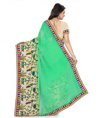 green embroidered chiffon saree with blouse 3
