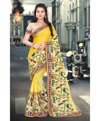 yellow embroidered chiffon saree with blouse 1