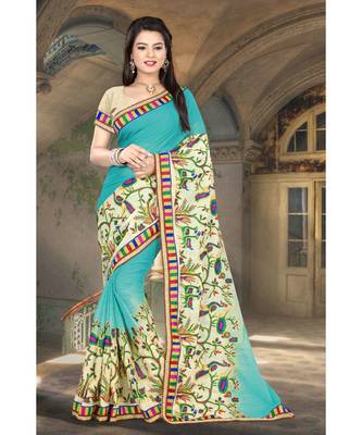 blue embroidered chiffon saree with blouse 1