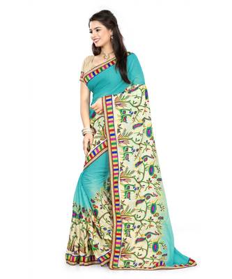blue embroidered chiffon saree with blouse 2
