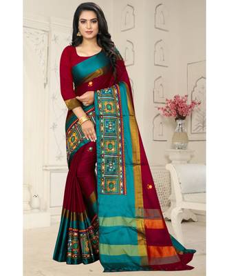 red embroidered cotton_silk saree with blouse 1
