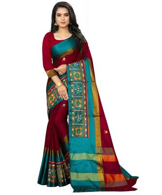red embroidered cotton_silk saree with blouse 2