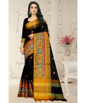 black embroidered cotton_silk saree with blouse 1