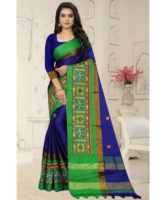 Blue embroidered cotton_silk saree with blouse 1