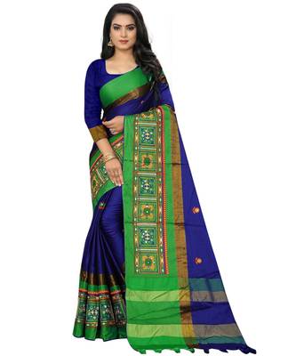 Blue embroidered cotton_silk saree with blouse 2