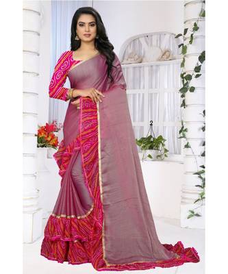 Pink printed chiffon saree with blouse 1
