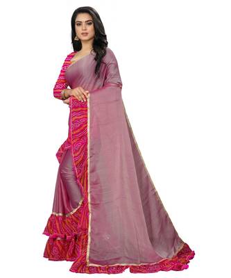 Pink printed chiffon saree with blouse 2