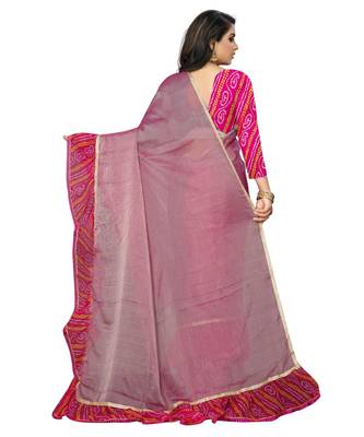 Pink printed chiffon saree with blouse 3