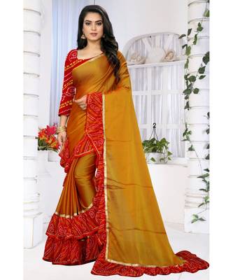 yellow printed chiffon saree with blouse 1
