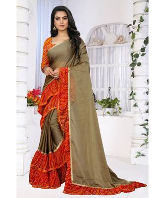 beige printed chiffon saree with blouse 1