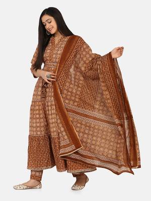 Brown color Printed Kurta Set 1