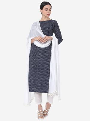 Navy Blue & White color Printed Kurta Set 3