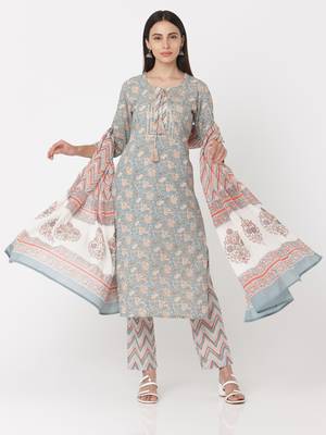 Grey color Printed Kurta Set 1