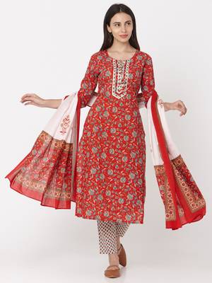 Red & White color Printed Kurta Set 1