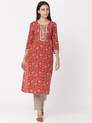 Red & White color Printed Kurta Set 3