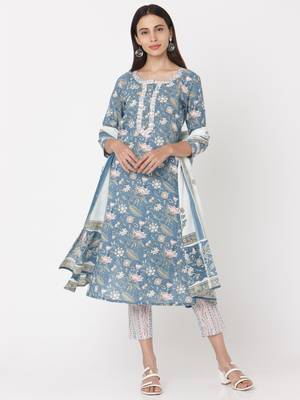 Grey  color Printed Kurta Set 1