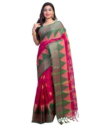 Pink Colour Ball Butta Pure Cotton Bangali Tant Sarees For Women without Blouse Peace 1