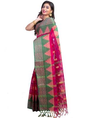 Pink Colour Ball Butta Pure Cotton Bangali Tant Sarees For Women without Blouse Peace 2