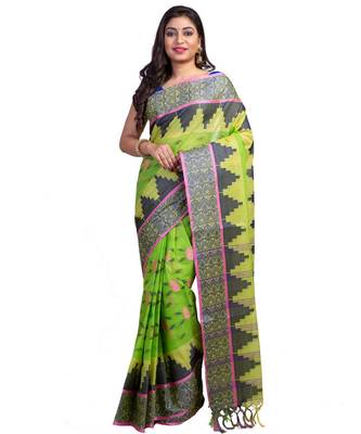 Green Colour Ball Butta Pure Cotton Bangali Tant Sarees For Women without Blouse Peace 1